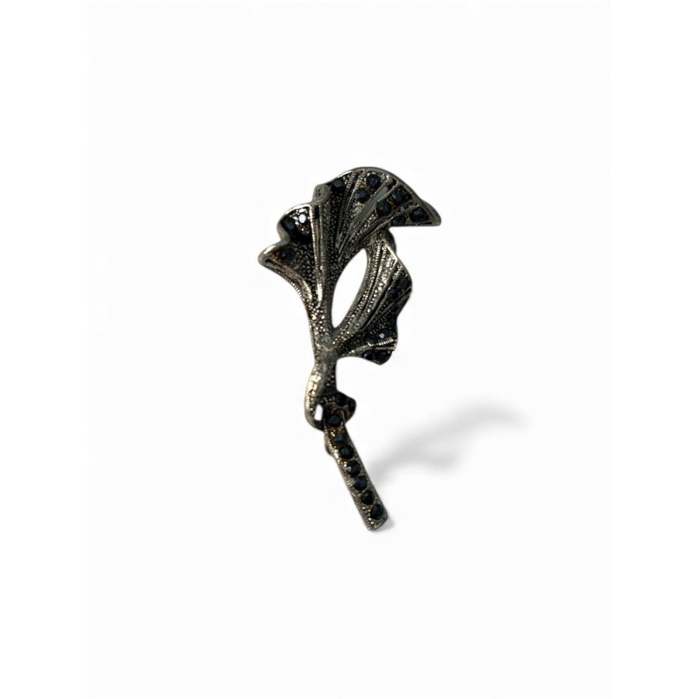 Vintage Silver Tone Black Rhinestone‎ Art Nouveau Revival Floral Brooch Pin